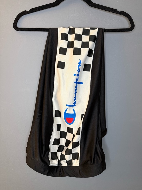 Champion Pants - Champion Black Leggings with Checkerboard Side Panel and Blue Script